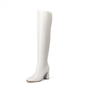 Women's White Faux Leather Thigh High Block Chunky Heeled Knee High Long Boots